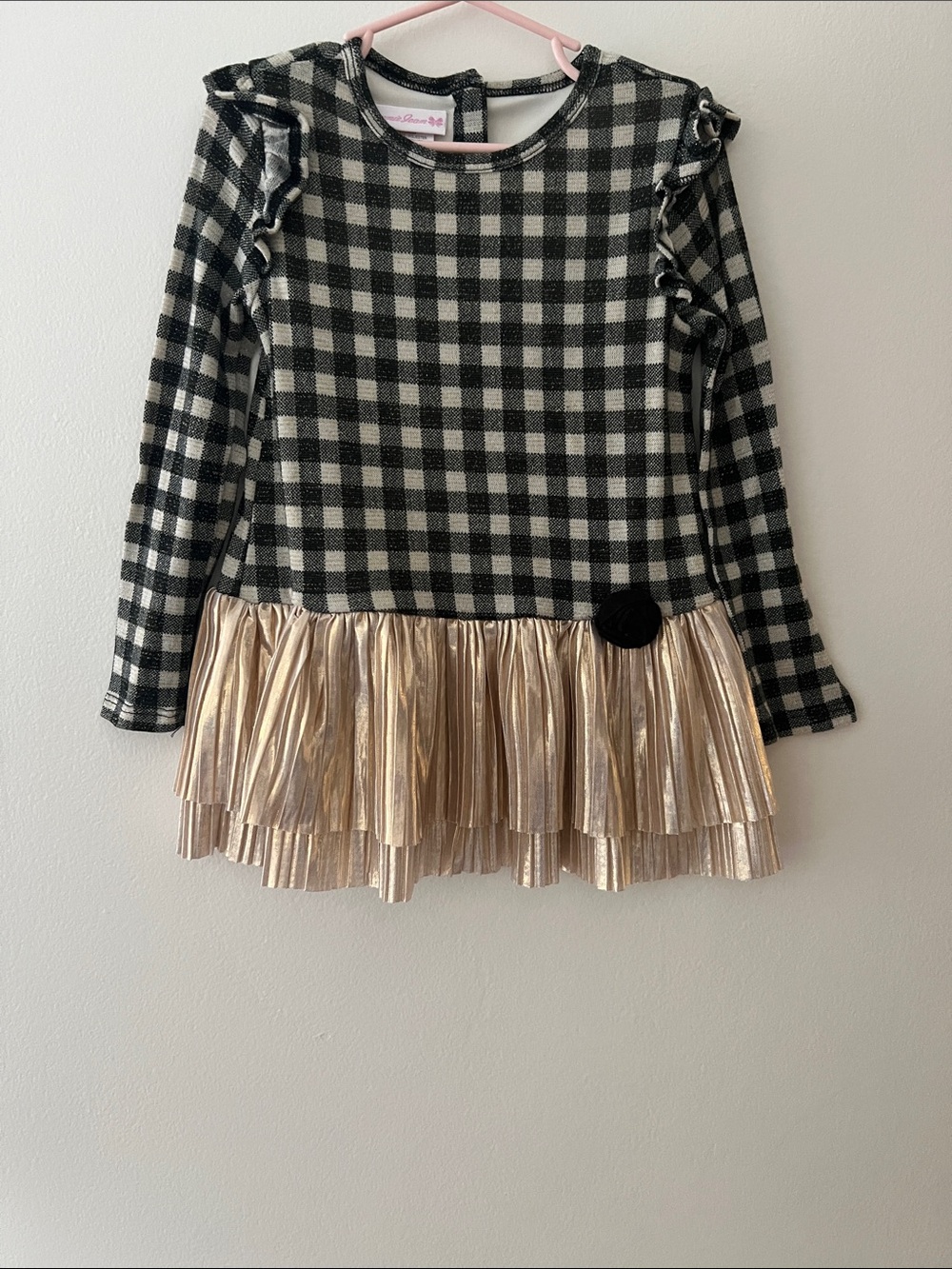 Bonnie Jean Black & Gold Plaid Ruffle Hem Dress